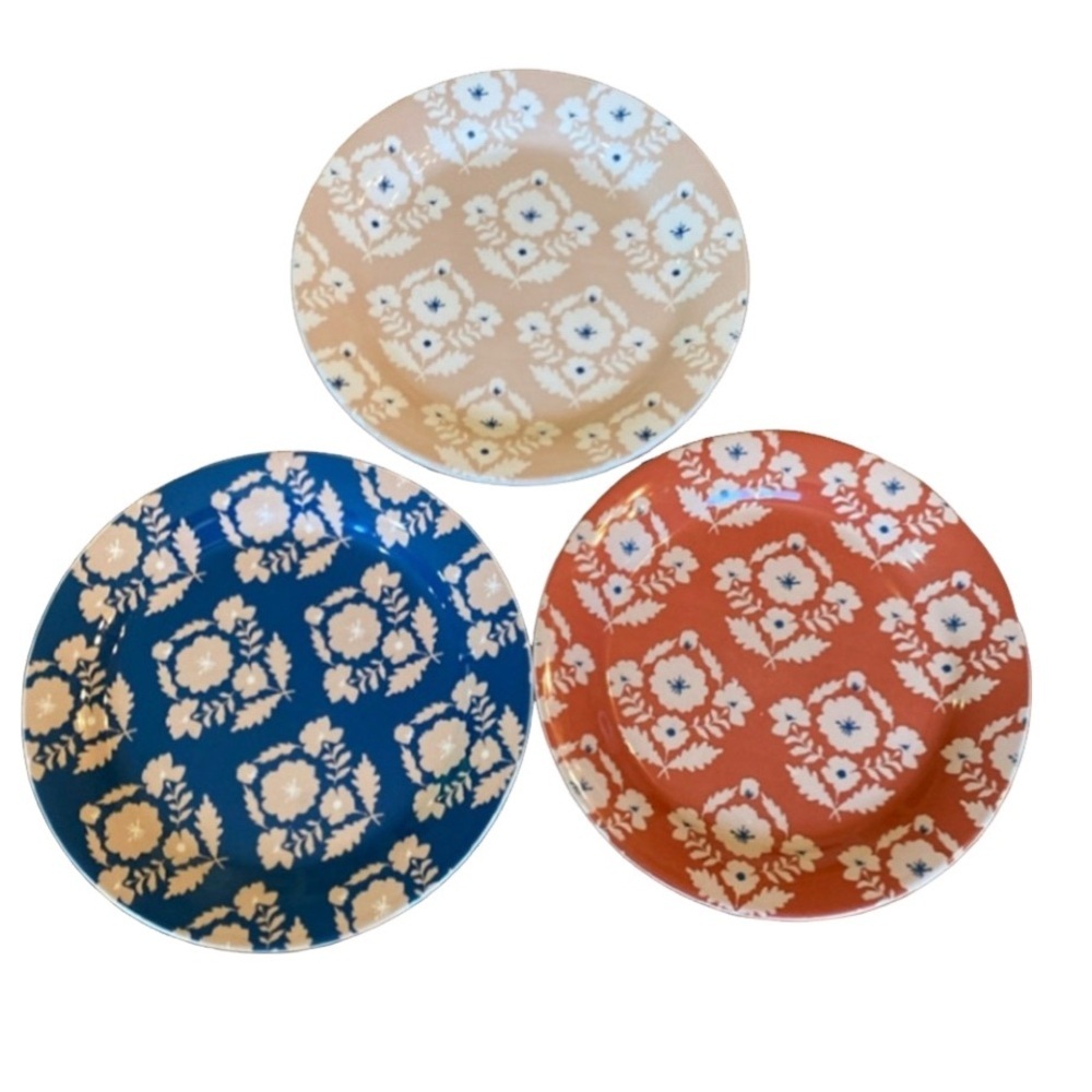 Pier 1 Ironstone plates. Floral Tile pattern: blue, pink, salmon. Set of 3.